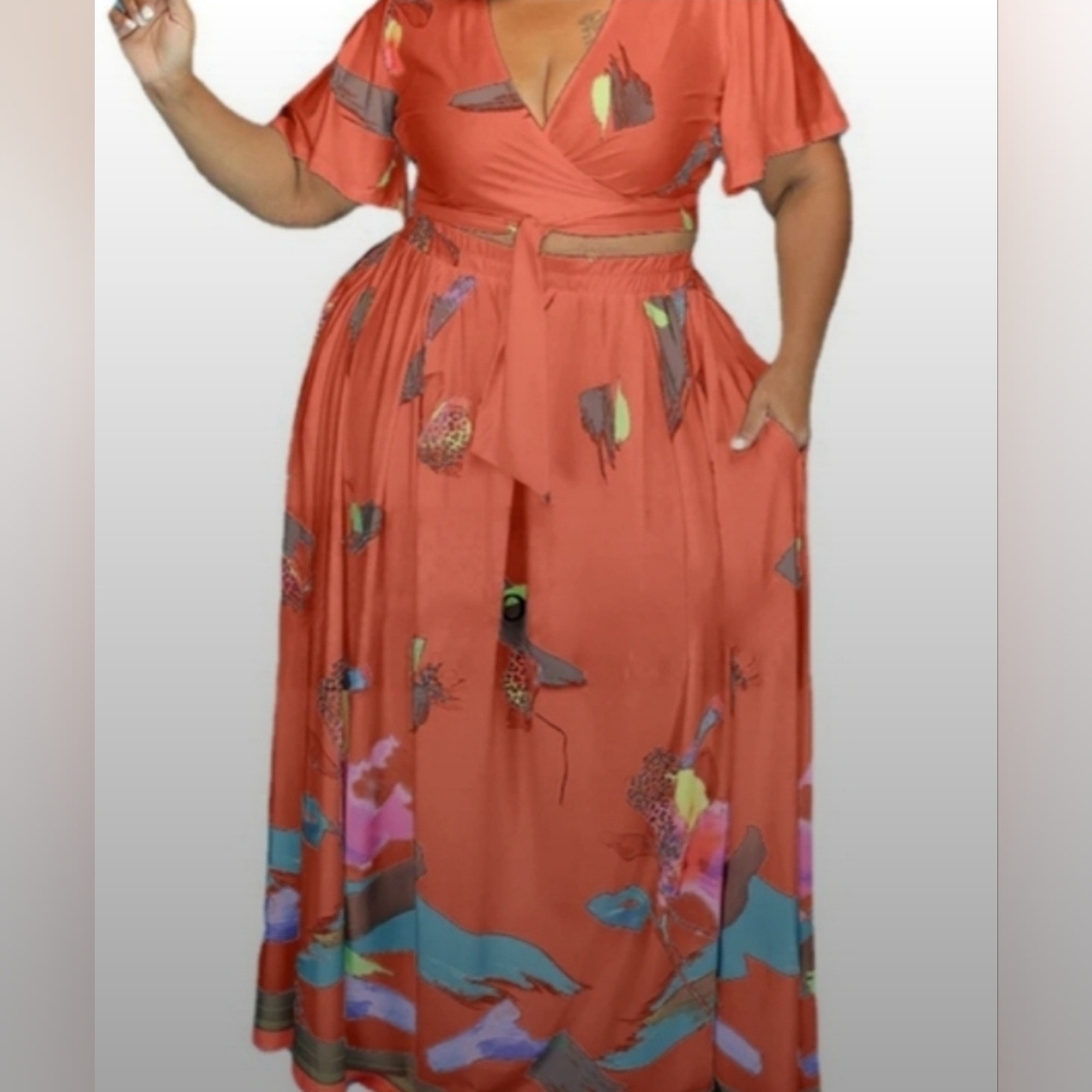 Independent 2 piece Skirt set, Womens size 2x, coral with abstract &anim…